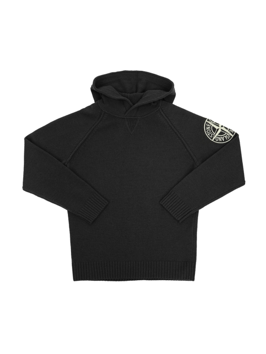 Stone Island Junior Embroidered Compass Logo Hooded Knit Sweatshirt in Black