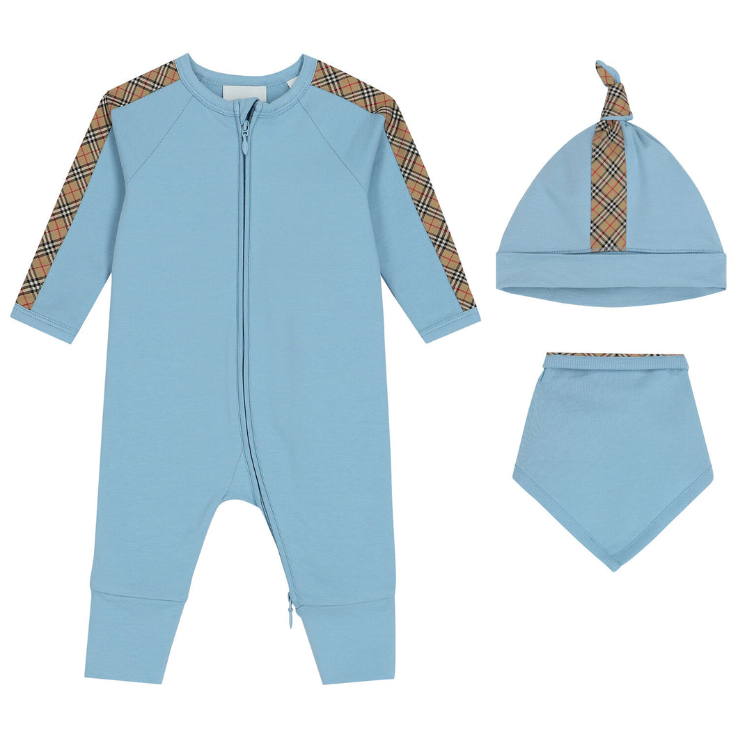 Junior Burberry Vintage Check Panelled Babygrow Set In Blue