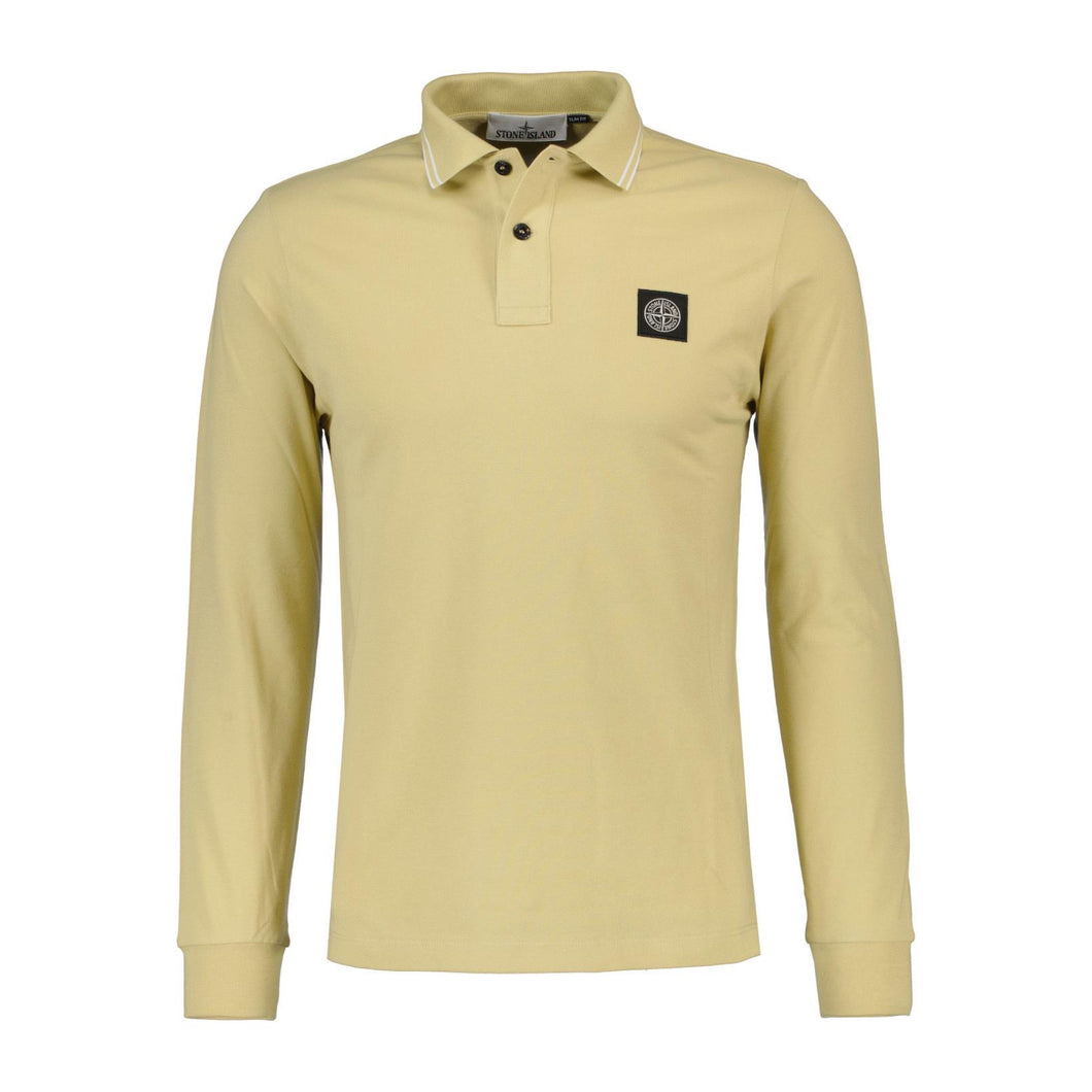 Stone Island Slim Fit Compass Patch Logo Long Sleeve Polo Shirt in Ecru