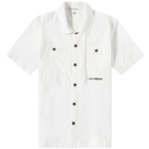 Cp Company Rip-Stop Embroidered Logo Short Sleeve Shirt in White