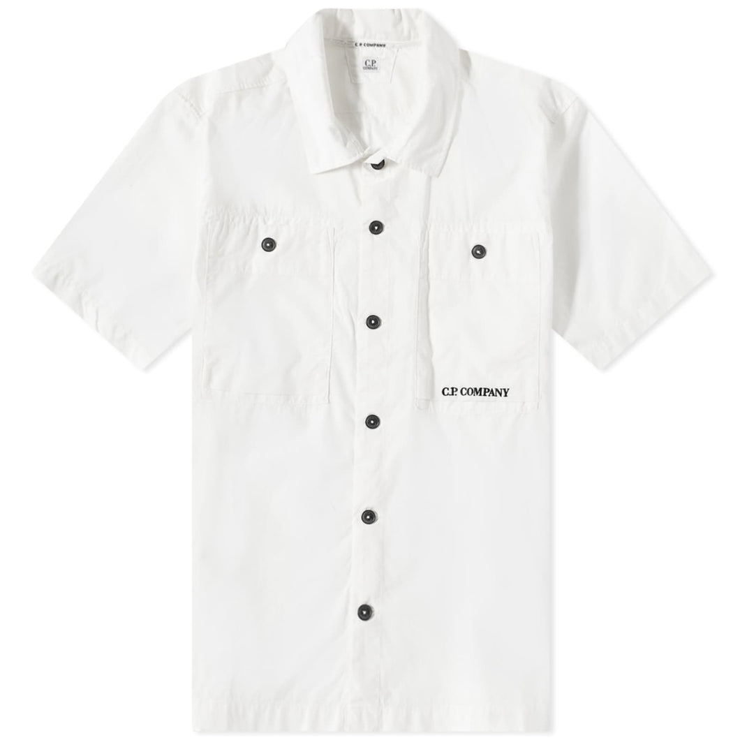 Cp Company Rip-Stop Embroidered Logo Short Sleeve Shirt in White