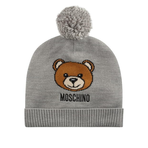 Moschino Bear Logo Pom Pom Beanie in Grey