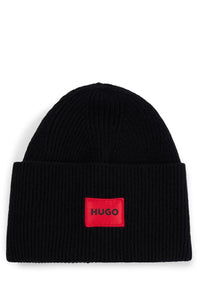 Hugo Boss Xaff 6 Red Logo Label Wool Blend Beanie Black