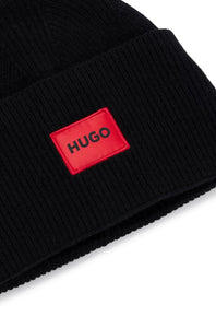 Hugo Boss Xaff 6 Red Logo Label Wool Blend Beanie Black