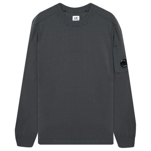 Cp Company Merino Wool Lens Crewneck Knit Sweatshirt In Charcoal