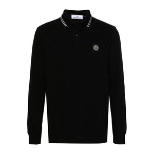 Stone Island Slim Fit Compass Patch Logo Long Sleeve Polo Shirt Black