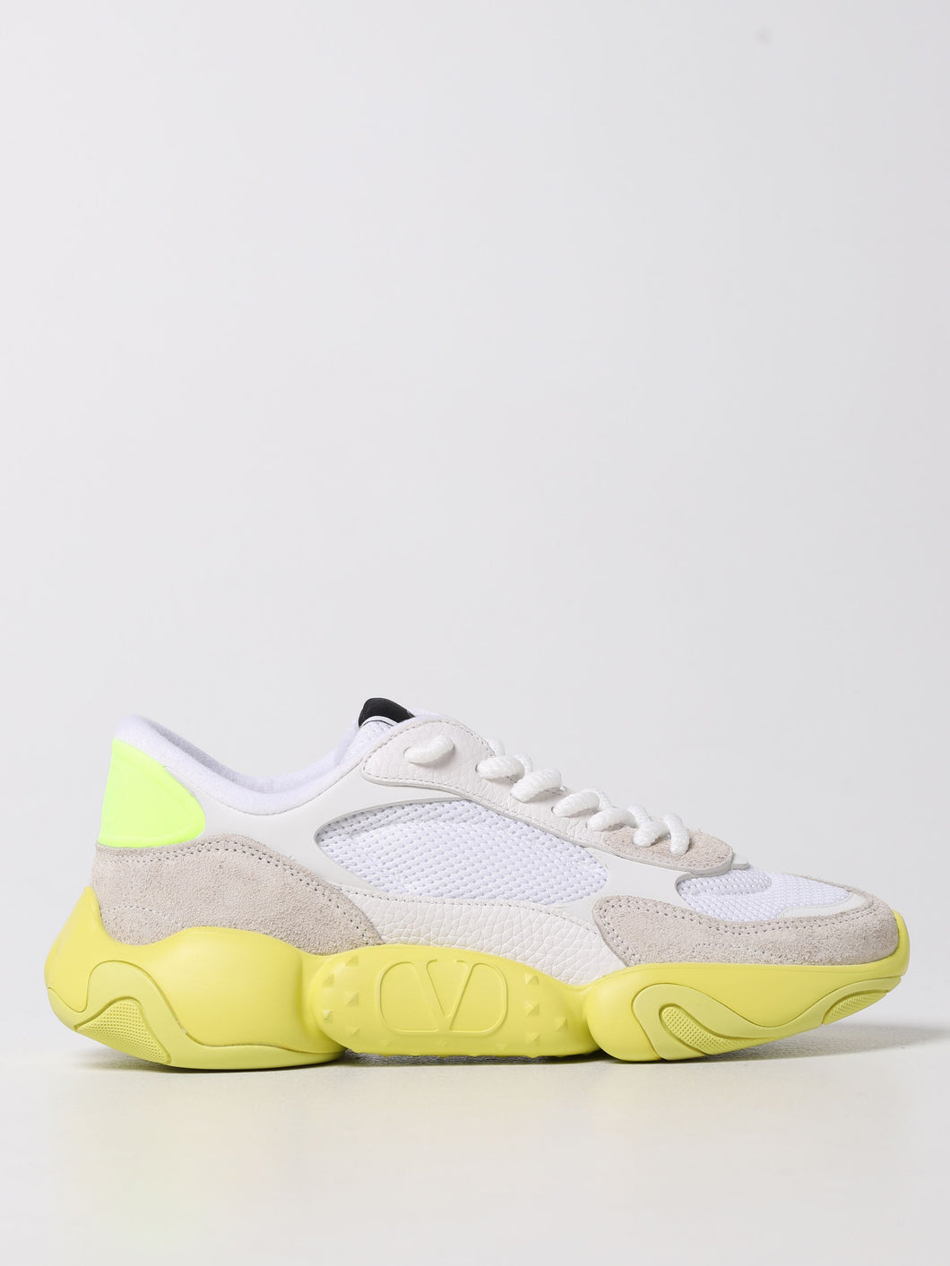 Valentino Garavani Bubbleback Mesh and Suede Trainers in White / Yellow