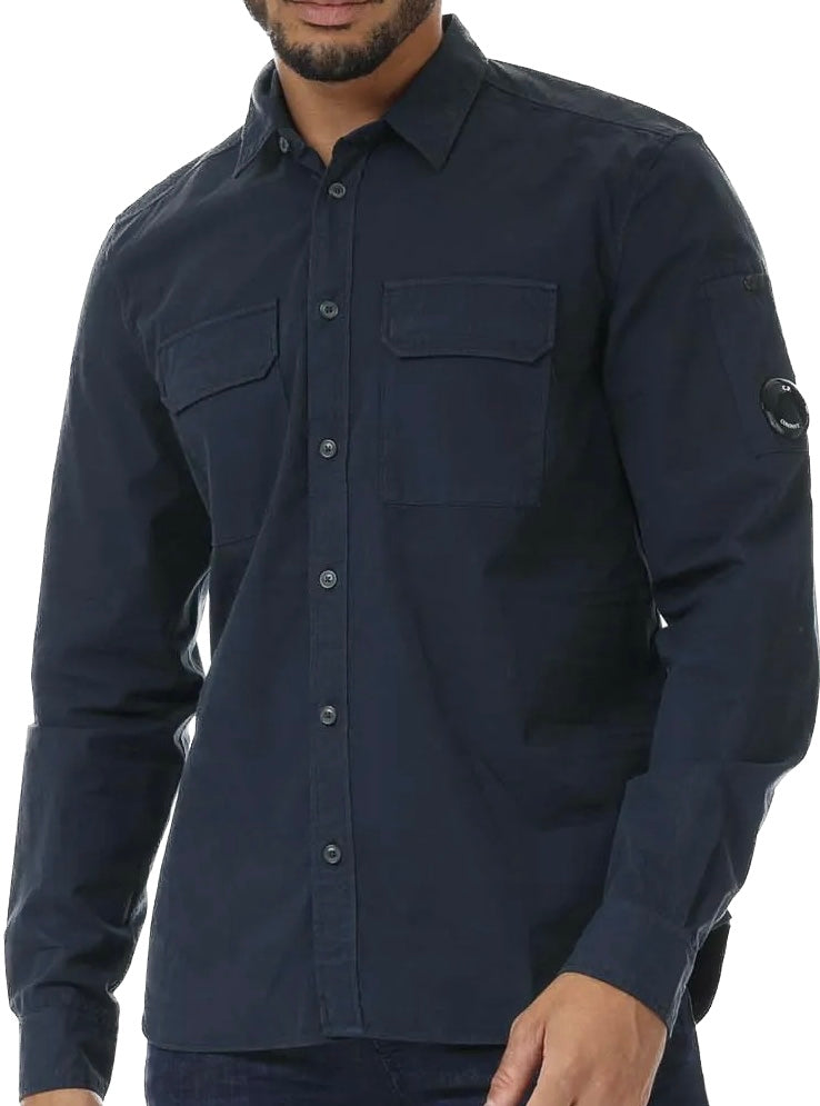 CP Company Button Up Lens Popeline Shirt in Navy